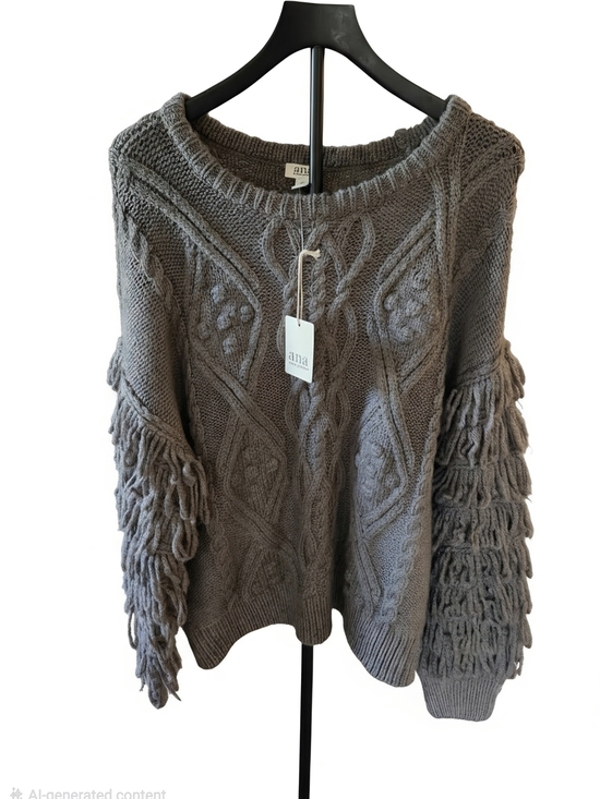 a.n.a Sweaters - NWT a.n.a Taupe Fringe-Sleeve Cable Knit Crewneck Sweater